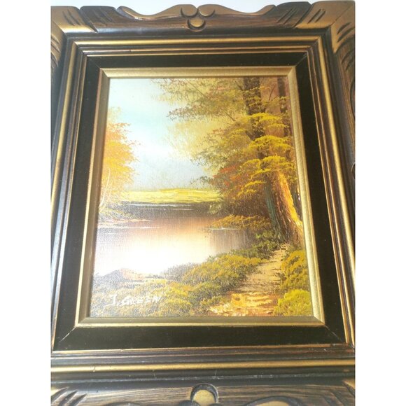 Oil Painting Signed J. Green Guilded Wood Frame Black Velvet Trim Vintage 1950s - Picture 5 of 8